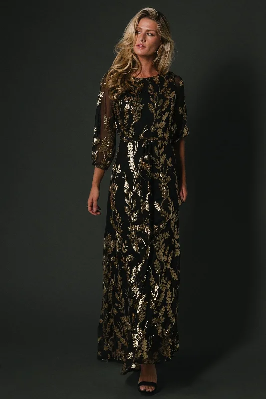 Women's Evening Attire Beat the Heat in Tropical Styles Destiny Sequin Maxi Dress | Black + Gold