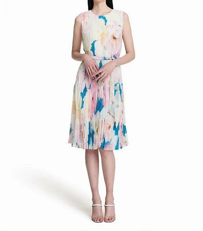 Women's Vacation Clothes Limited Quantities Floral Print Pleated Belted A Line Dress In Multicolor