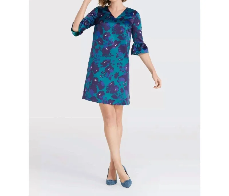 Women's Holiday Attire Effortless Sophistication Cutout Floral A Line Dress In Deep Teal