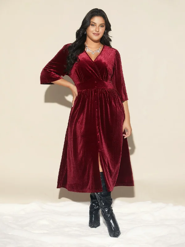 Women's Luxury Garments Early Access to Art Deco Styles Sale Velvet Ruched Surplice Neckline Midi Dress