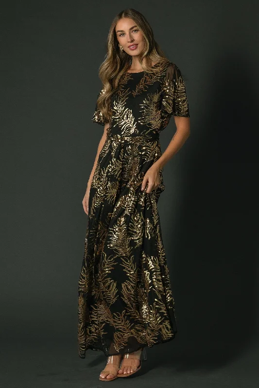 Women's Casual Wear Outfit Rustic Countryside Charm Look Muse Sequin Maxi Dress | Black + Gold