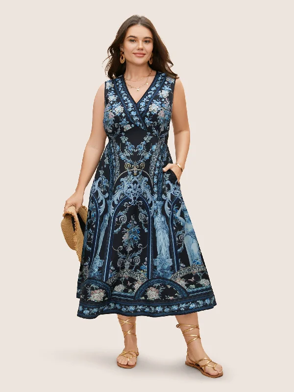 Women's Elegant Garments Flash Deals V Neck Boho Print Sleeveless Midi Dress