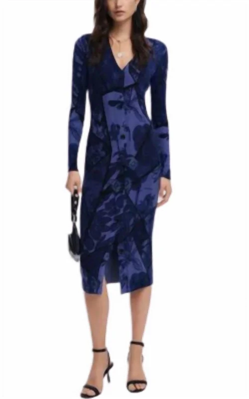 Charming Women's Holiday Apparel Parisian Effortless Chic Style Floral Midi Dress In Navy/black