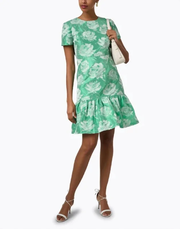 Timeless Women's Garments Flowy Fabric Floral Jacquard Dress In Green