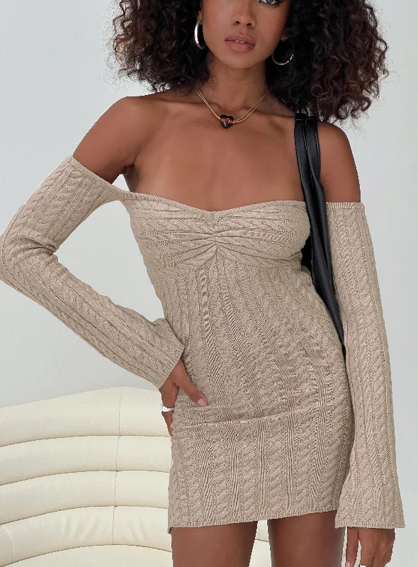 Classic Women's Apparel Romantic Detailing Bayard Off The Shoulder Knit Mini Dress Beige