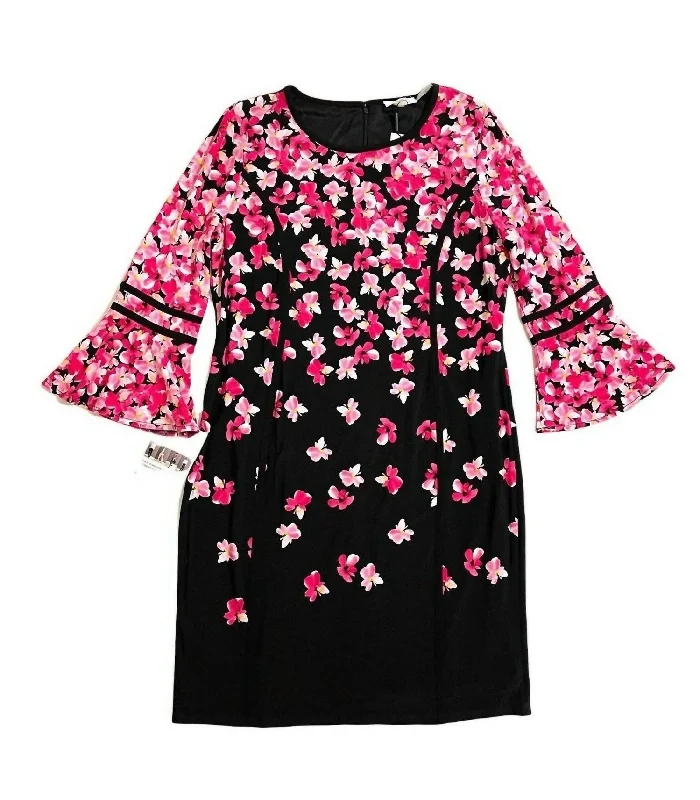 Women's Formal Clothes Discounts on Casual Weekend Styles Shift Dress With Pink Floral Print And Flare Sleeves In Black