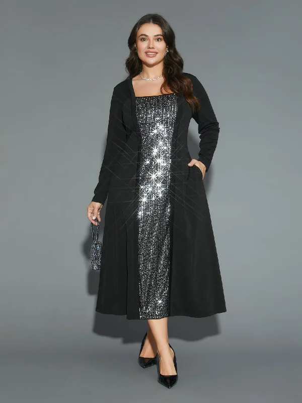 Women's Vacation Garments End - of - Month Blowout Sequin Patchwork Elastic Waist Midi Dress