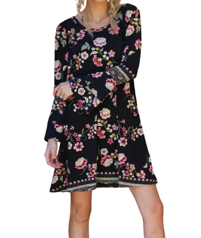 Women's Office Clothing Flash Sale Floral Double Ruffle Sleeve Open Back Dress In Black