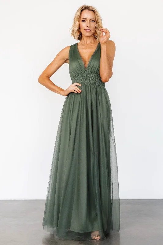 Women's Clothing For Outdoor Events Effortless Sophistication Kamila Tulle Maxi Dress | Dark Sage