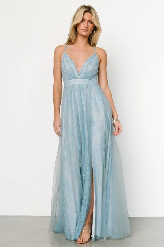 Charming Everyday Clothing For Women Sophisticated Cut Vasia Lace Tulle Maxi Dress | Soft Blue