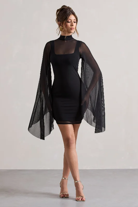 Women's Travel Outfit Set Beat the Heat in Tropical Styles Jenny | Black Mesh High-Neck Cape-Sleeve Mini Dress