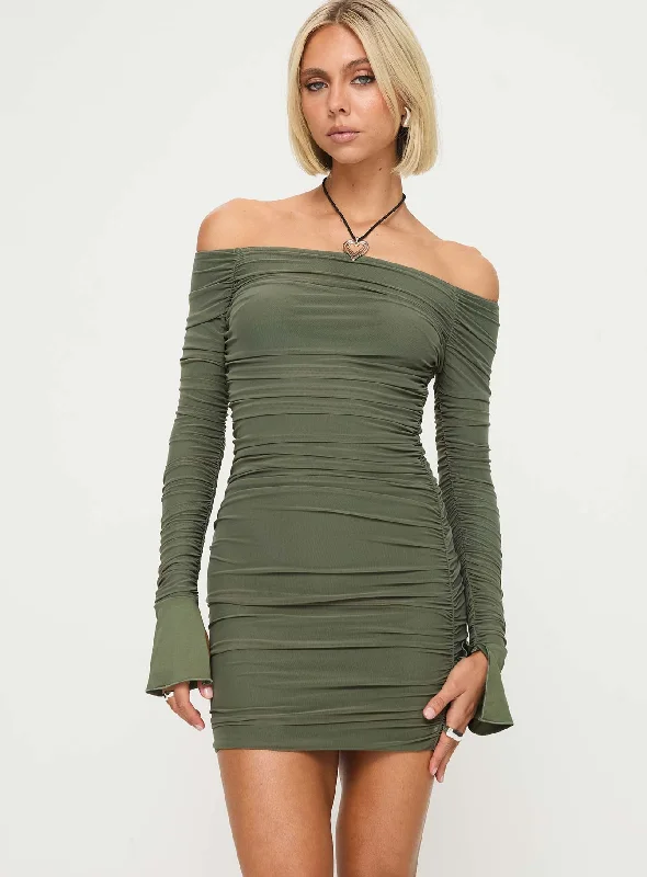 Stylish Women's Clothing Feminine Soft - Hued Styles Moreno Long Sleeve Mini Dress Olive