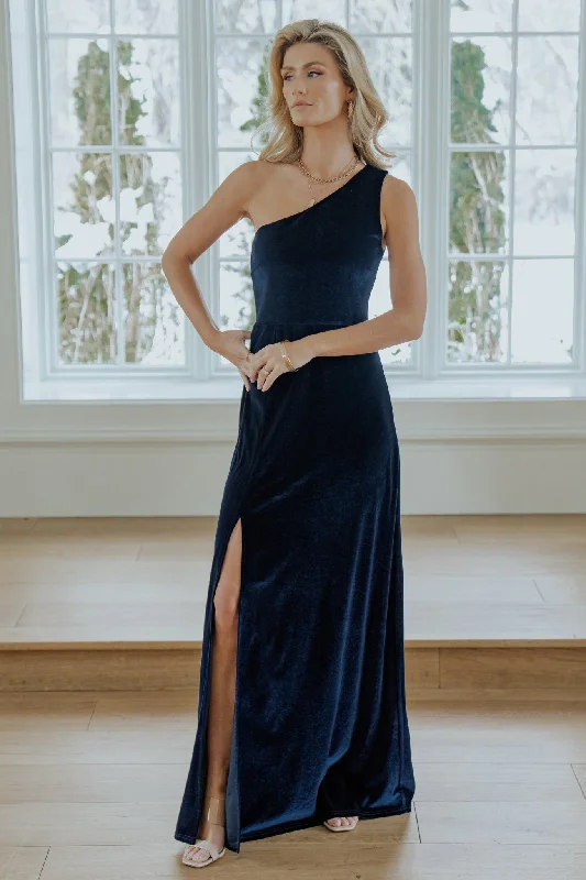 Women's Outerwear Clothing Luxury Comfort Tatiana Velvet One Shoulder Maxi Dress | Navy