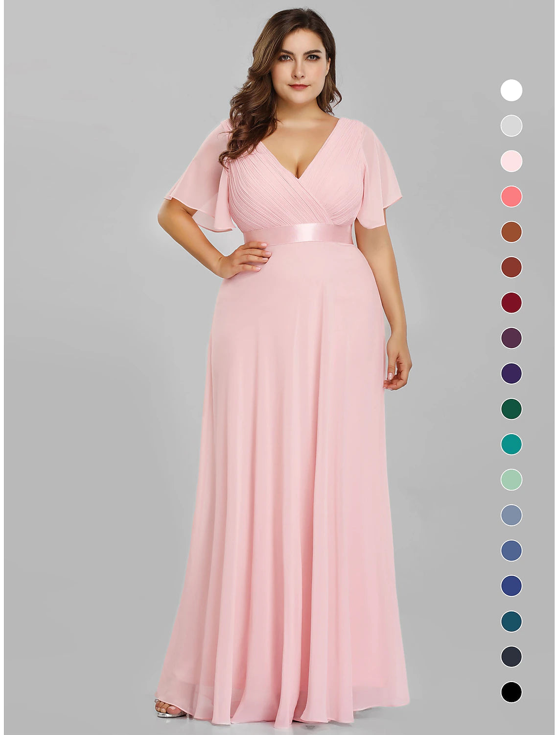 Women's Trendy Attire Score Big on Glamorous Red - Carpet Styles A-Line Empire Fall Wedding Guest Dress For Bridesmaid Plus Size Formal Evening Dress V Neck Short Sleeve Floor Length Chiffon with Pleats Ruched