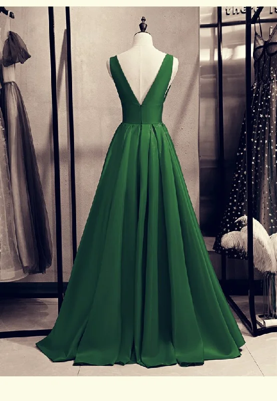 Women's Elegant Evening Attire Fashion-Forward Style Green Satin V-Neckline Low Back Floor Length Prom Dress Evening Dress, Green Party Dress Formal Dress   cg22276