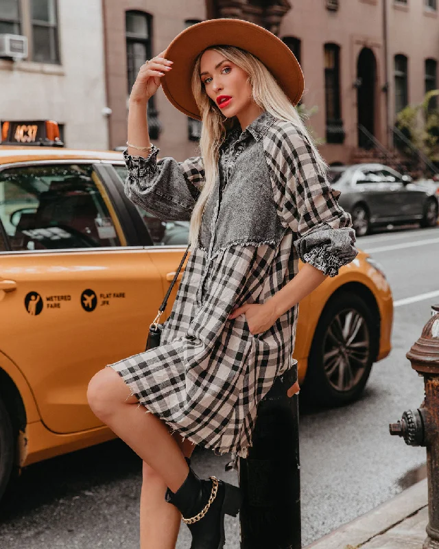 Vintage-Inspired Garments Great Prices on Feminine Styles Chantye Pocketed Plaid Acid Wash Shirt Dress - FINAL SALE