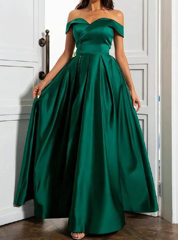 Women's Elegant Formal Outfit Big Savings on Rustic Countryside Styles Women Off Shoulder Satin Prom Dresses Long Green A-Line Evening Gowns Formal Party Dress YPD406