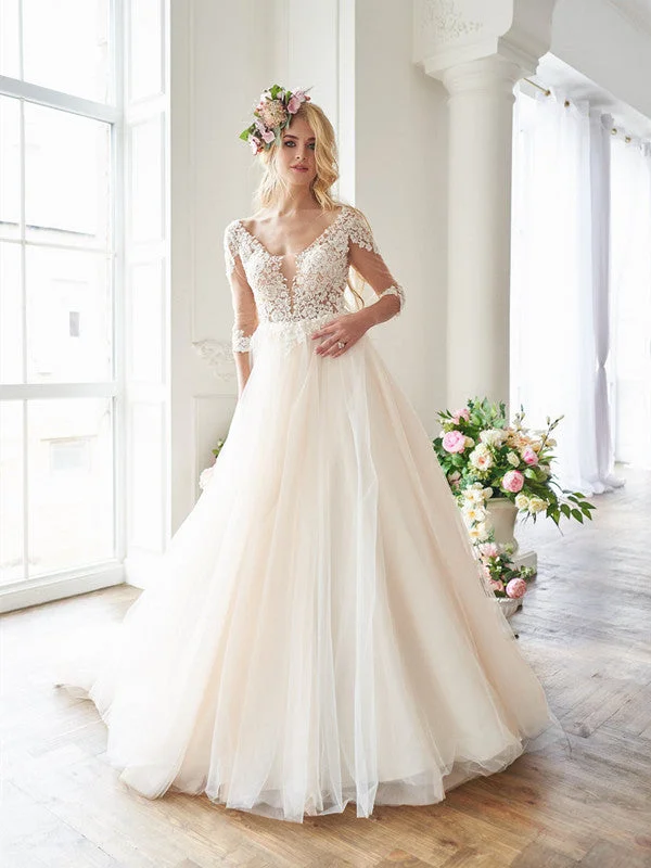 Casual Chic Women's Clothes Today Only V-back Lace Tulle A-line Long Wedding Dresses, Elegant Lace Bridal Gowns