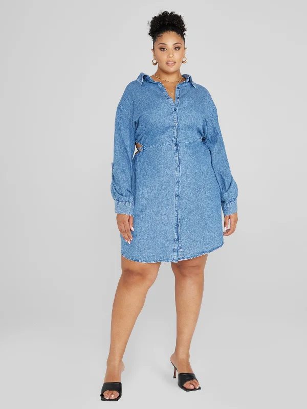 Sustainable Women's Clothing Score Big on Glamorous Red - Carpet Styles Bailey Open Back Chambray Denim Shirt Dress