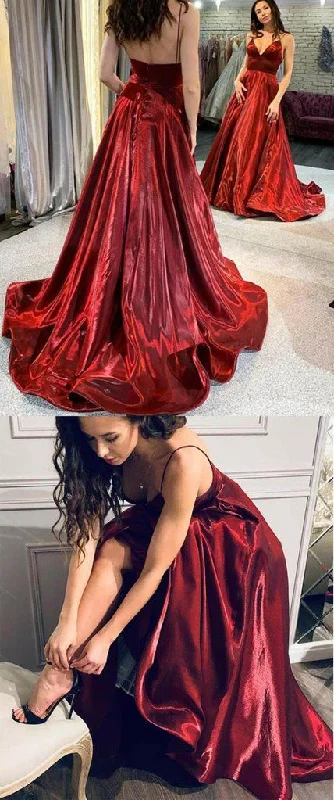 Women's Formal Event Attire Father's Day Deals Elegant Satin Spaghetti Straps Sexy V Neck Long Burgundy Prom Party Dress    cg21659