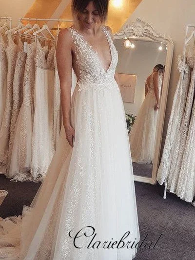 Fashionable Women's Outfit Classic Timeless Elegant Style V-neck Lace Appliques Wedding Dresses, Sparkle Wedding Dresses