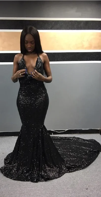 Women's Apparel And Garments Graceful Drape Black Girl Sequins Mermaid Prom Dresses Sexy Plunging Neckline Party Dress Formal Evening Gowns    cg25002