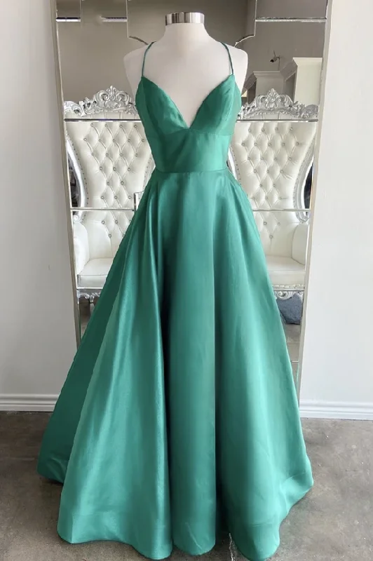 Women's Travel Garments Limited - Stock Green satin long A line prom dress simple evening dress    cg21778