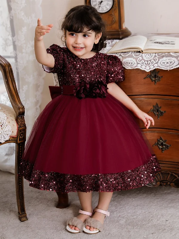 Women's Professional Outfit Final Clearance Ball Gown Scoop Puff Sleeves Sequins Flower Girl Dresses