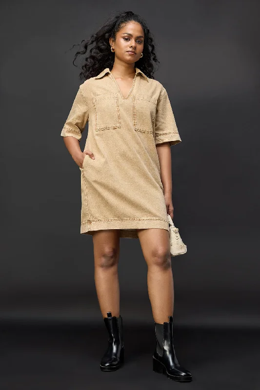 Women's Everyday Garments Playful Elegance Tan Beige Denim Boxy Shirt Dress