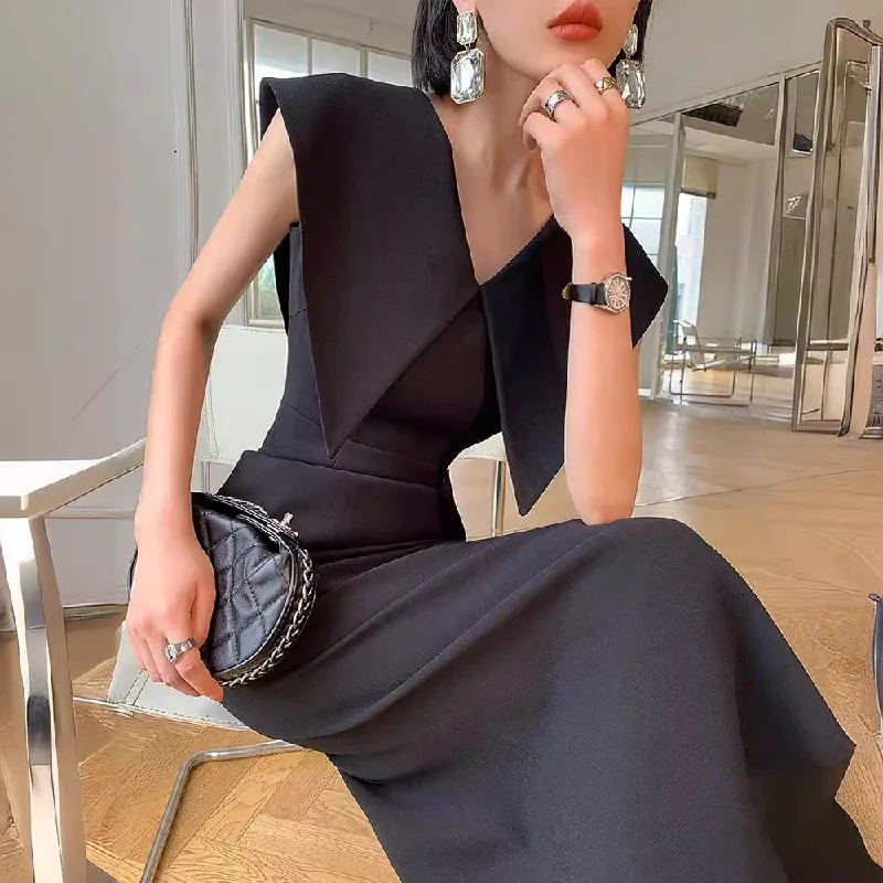 Women's Vacation Garments Buy More, Save More IKEARLAX  Black Hepburn Style Sleeveless Doll Collar Dress Women's Summer  New Waist-Tight Slimming Long Dress