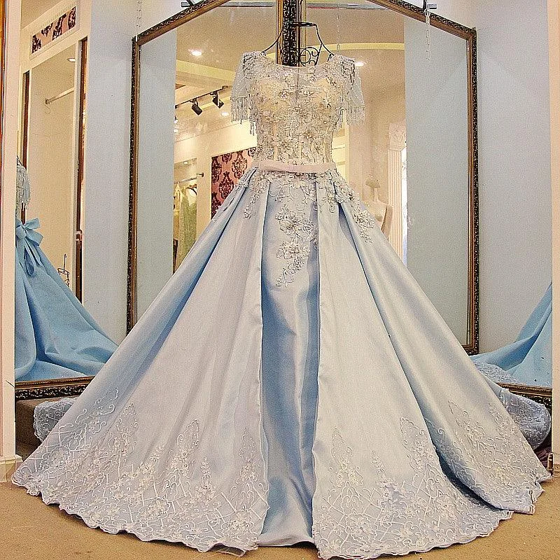 Women's Active Garments For Workouts Flash Sale Light Blue Beaded Crystals Tassel A line Satin Long Evening Formal Dress