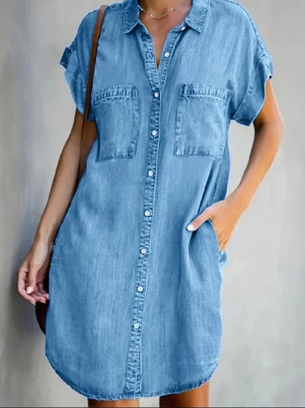 Women's Professional Attire Parisian Effortless Chic Style Ginnie Pintuck Button Down Shirt Dress - Blue