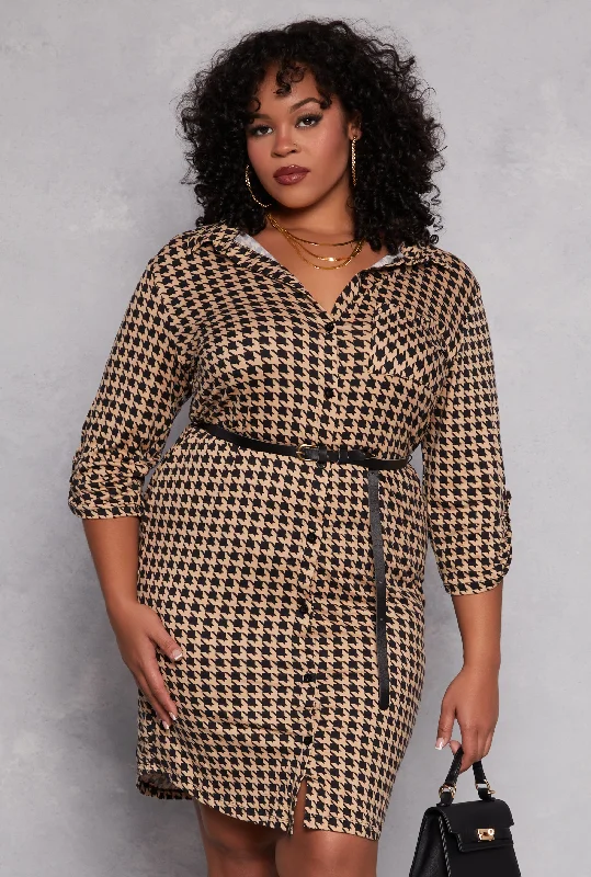 Women's Vintage-Inspired Outfit Flash Sale Plus Size Houndstooth Belted Shirt Dress