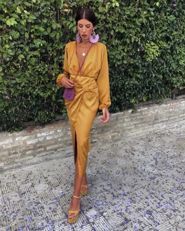 Tailored Clothing For Women Beat the Heat in Tropical Styles Elegant Long Sleeve Wrap Dress,Fashion Yellow Prom Dress Y4756