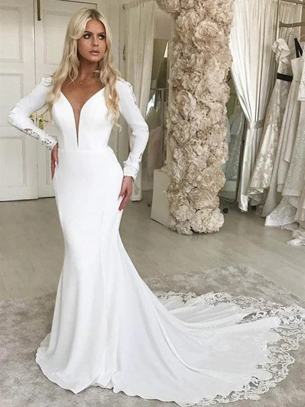 Comfortable Garments For Women Coastal Beach - Inspired Style Long Sleeves Lace Wedding Dresses, V-neck Newest Mermaid Wedding Dresses