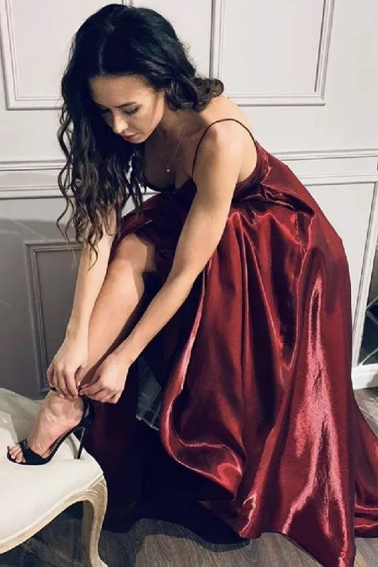 Women's Elegant Clothes End - of - Month Blowout Burgundy satin long A line prom dress evening dress    cg20803