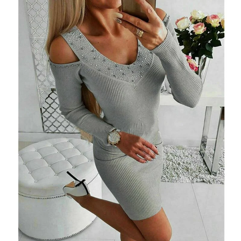 Women's Elegant Garments Effortless Sophistication FashionSierra - Women's Sexy V-Neck Long Sleeve Rhinestone Collar Dress