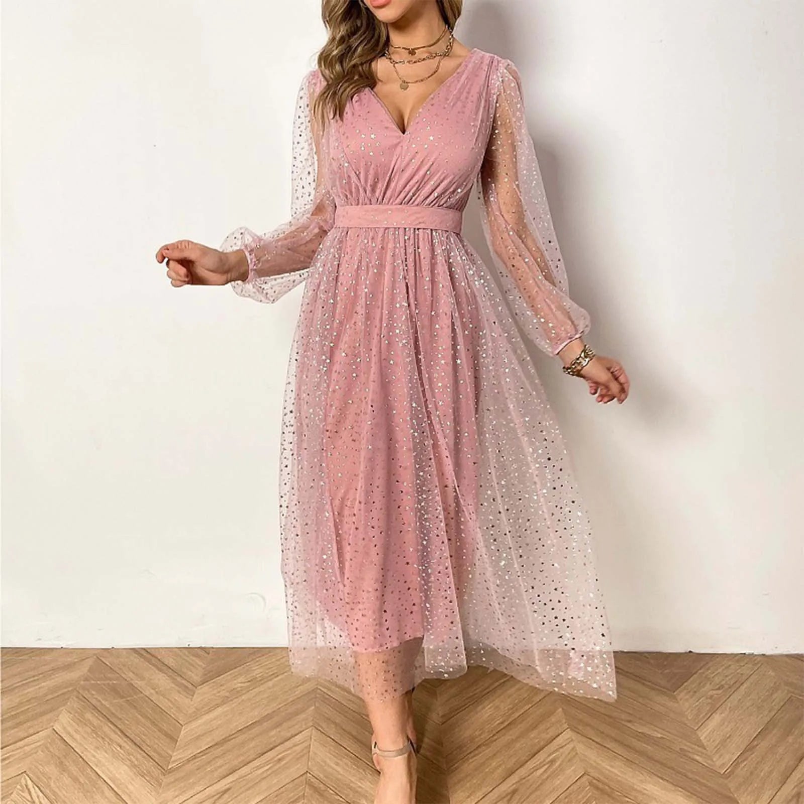 Affordable Luxury Women's Apparel Minimalist Chic FashionSierra - Evening Sequins Mesh Tulle Long Sleeve Elegant Banquet Dress