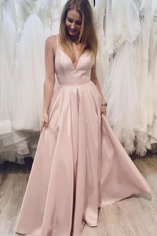 Comfortable Garments For Women Feminine Flow Pink v neck satin long A line prom dress evening dress    cg22027