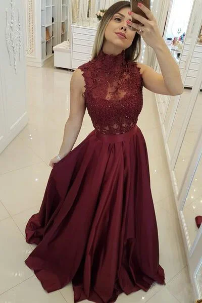 Women's Romantic Outfit Limited - Edition Drops Dark Red High Neck Sleeveless Long Prom Dresses with Lace A Line Graduation Dresses N1576