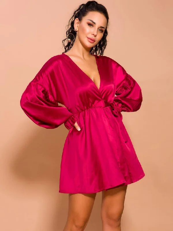 Women's Sports Apparel Celebrate with Big Savings Puff Sleeve Loose Mini Satin Dress