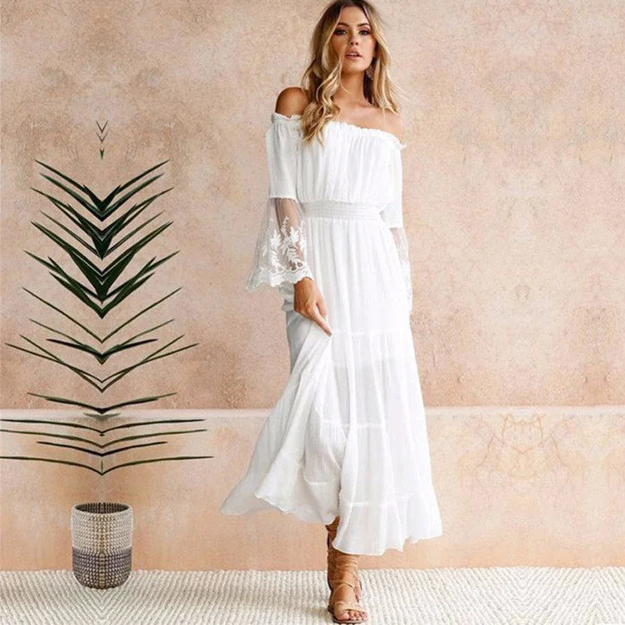 Affordable Women's Apparel Today Only FashionSierra-White  Sexy  Off the Shoulder  Beach  Sun  Flare  Long Sleeve  Splice Lace  Women  Summer Boho Dress