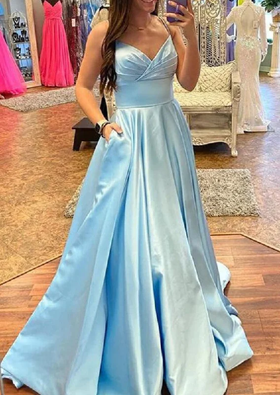 Women's Vacation Attire Modern Romance Women Blue Satin Prom Dresses Long A-Line Evening Gowns Formal Party Dress YPD372