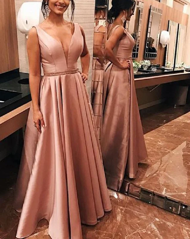 Women's Trendy Garments Romantic Date - Night Ensemble Pink Satin V Neck Long Prom Dresses with Beading Belt PL8745