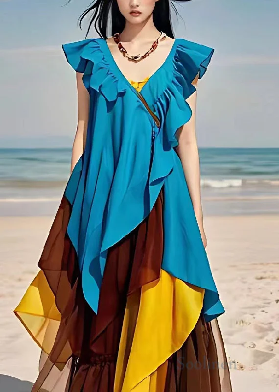 Women's Trendy Casual Outfit Holiday Sale Bohemian Blue V Neck Ruffled Patchwork Chiffon Dresses Sleeveless