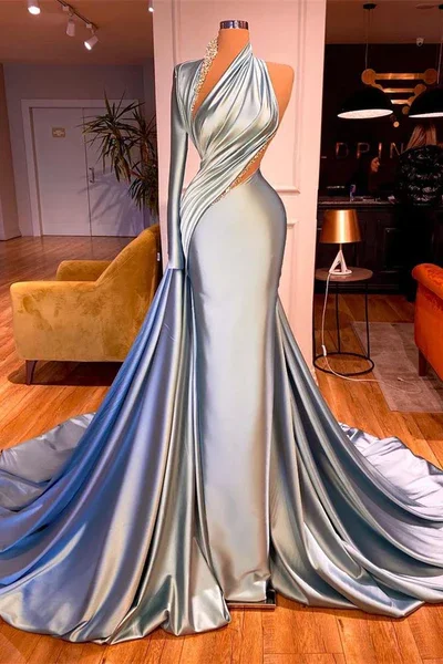 Women's Timeless Attire Minimalist Chic Gorgeous One Shoulder Long Sleeves Mermaid Prom Dress With Beads Y928