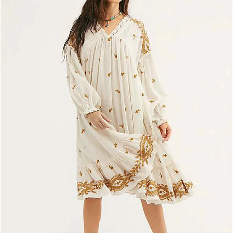 Women's Transitional Garments Classic Timeless Elegant Style FashionSierra-Lantern Long Sleeve  Loose  Vintage  Cotton Rayon  Embroidery  V Neck  Autumn  A-Line  Robe Boho Dress