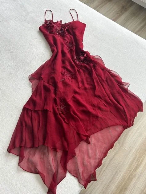 Women's Casual Garments Great Prices on Feminine Styles Sexy High Low Spaghetti Straps Sleeveless Burgundy Chiffon Prom Dresses Evening Gowns C2496