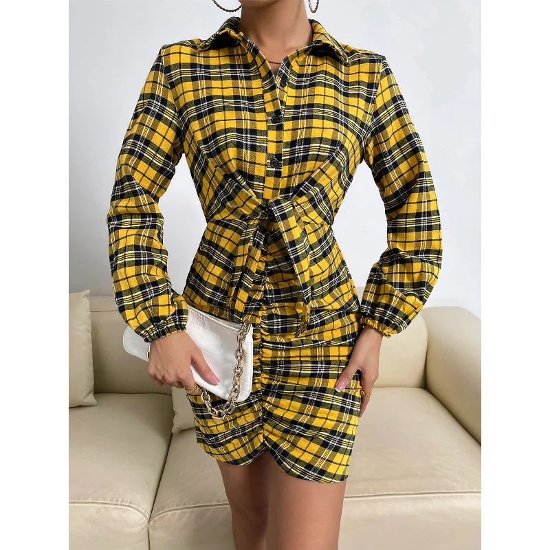 Women's Apparel And Garments Bold Patterns Venetia Plaid Tie Front Shirt Dress