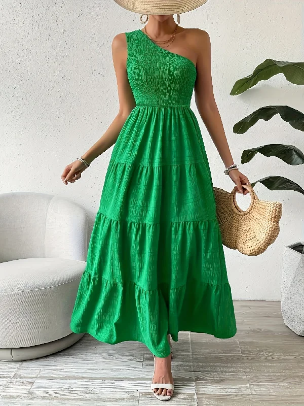 Stylish Women's Garments For Holidays Anniversary Sale Vibrant Slanted Shoulder Dress - Sleeveless, Shirred, Casual, Spring & Summer Essential - Women's Comfortable Clothing for Warm Weather